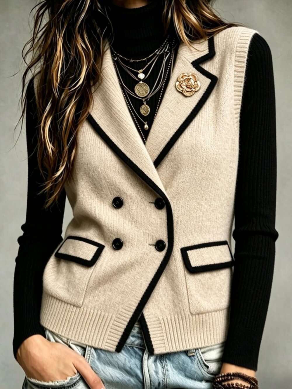 Apricot Casual Women's Double Button Pocket Contrast Binding Vest